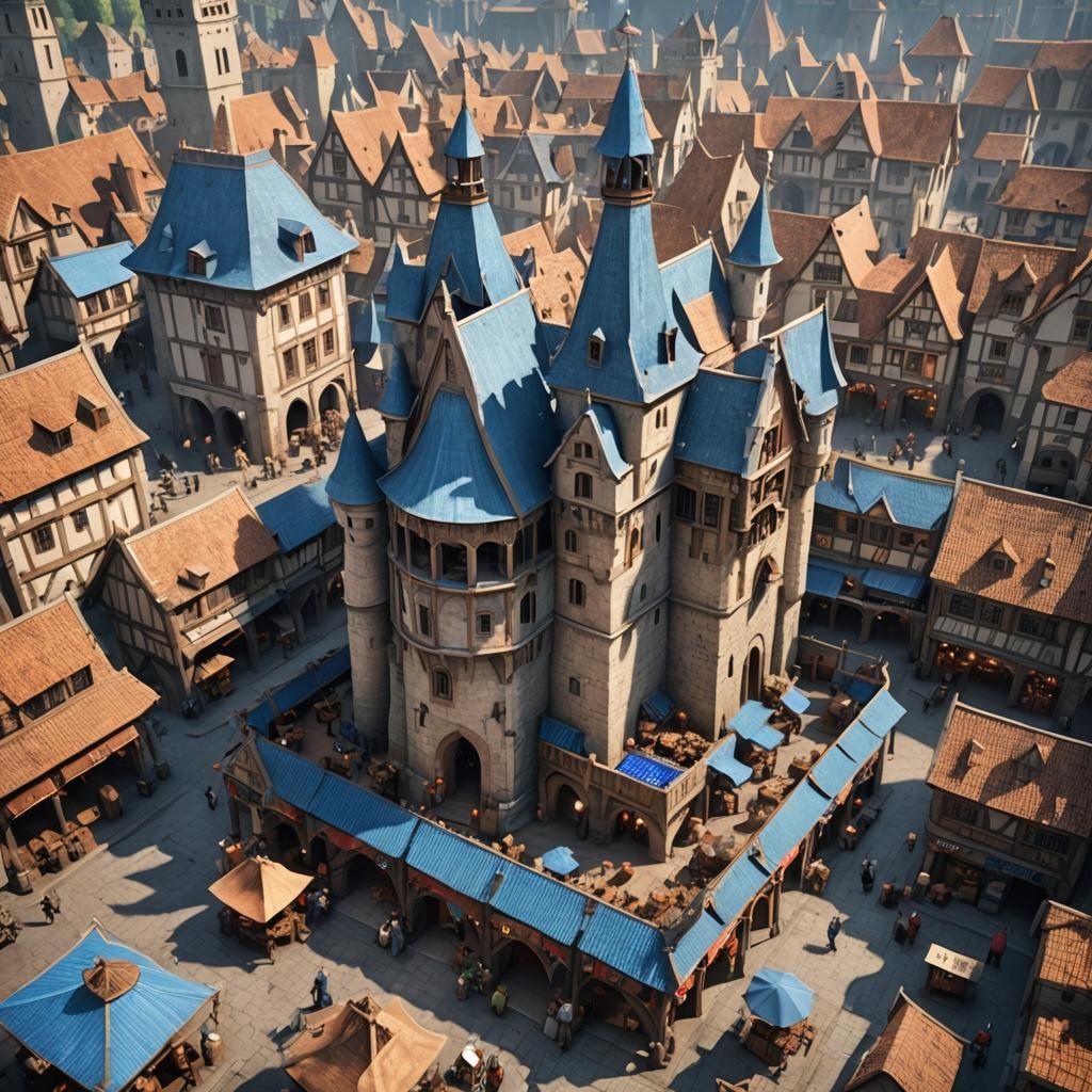 Medieval Market Tower in 3D Game Cinematic Style