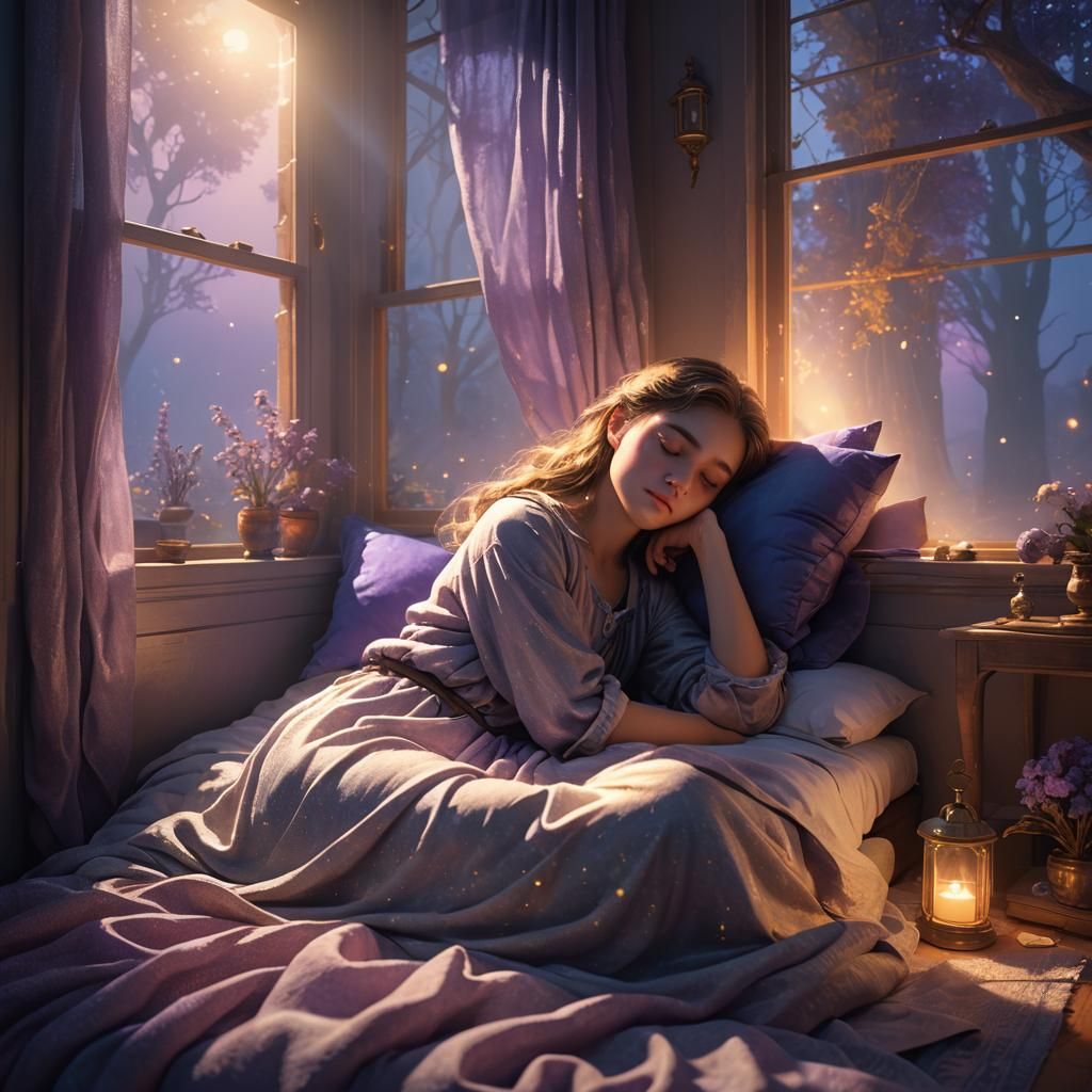 Ethereal Dream: Girl Asleep in Arms at Sunrise