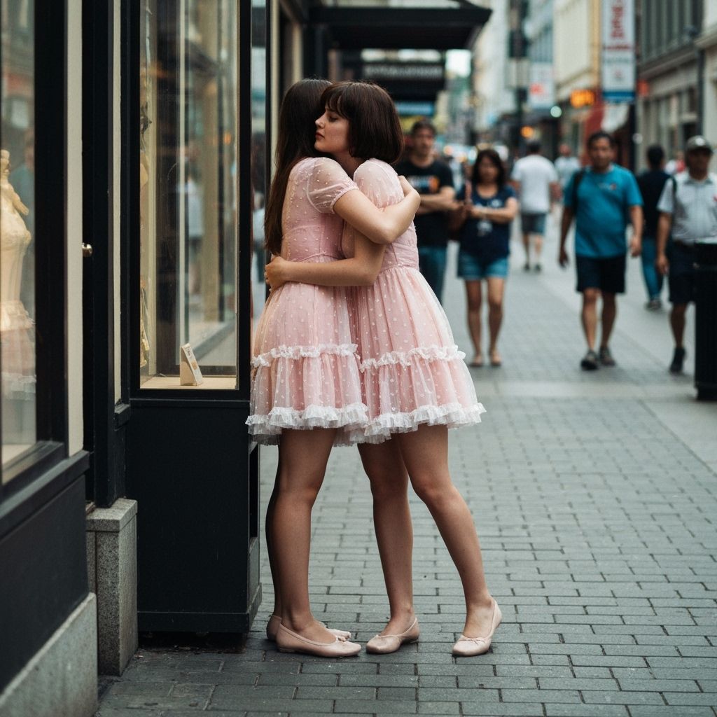 Tomboy and Woman Admire Display Case Downtown