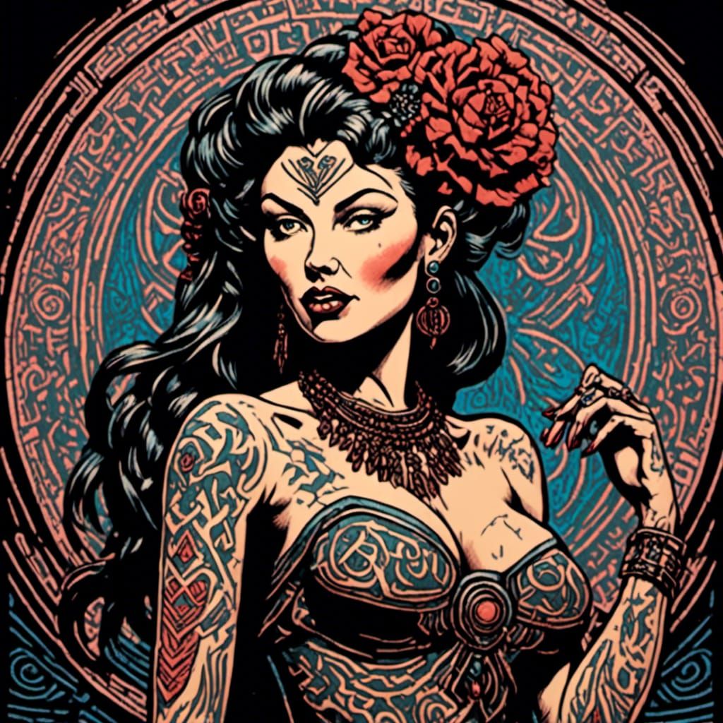 Vintage Pin-Up Poster of Tattooed Woman in Linocut Style