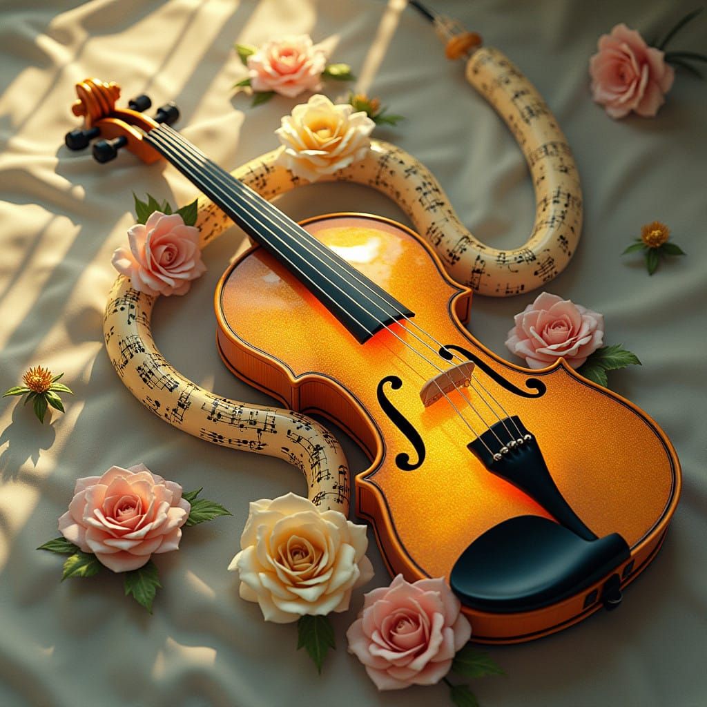 Golden Violin Embraced by Art Nouveau Musical Staff and Flow...