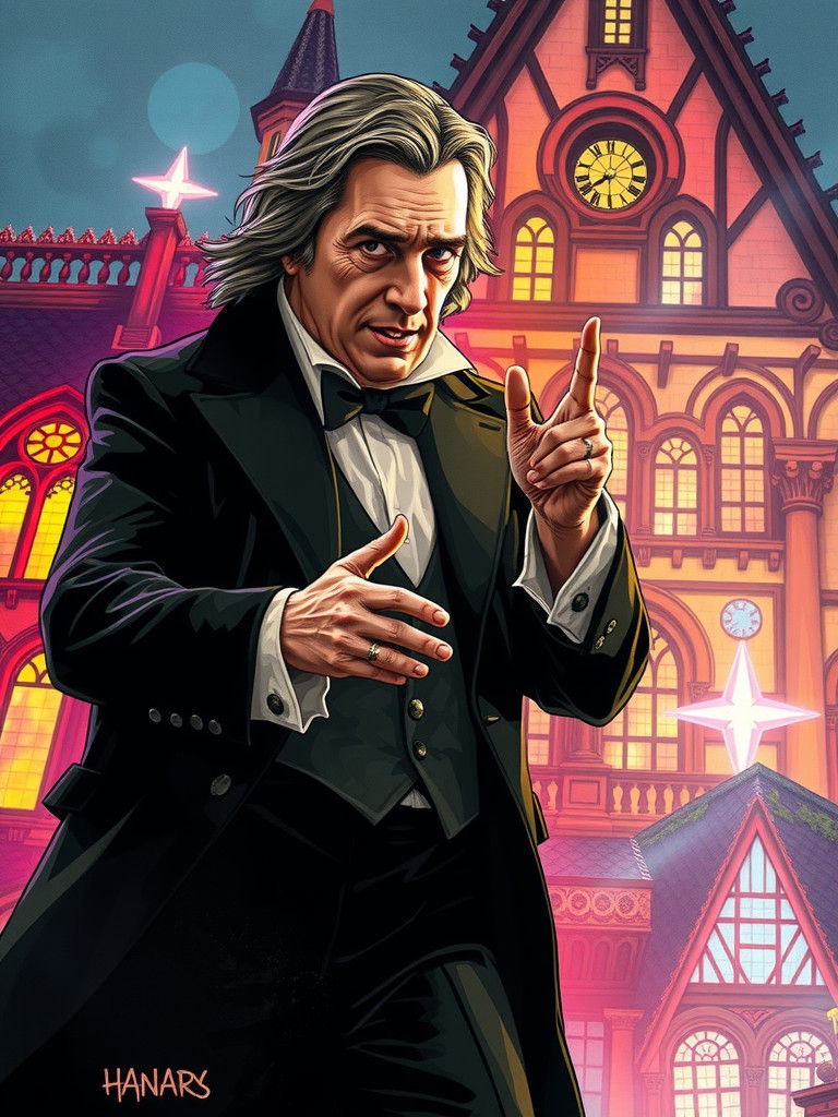 Portrait of Alan Rickman as severus Snape dancing. Neon Cyberpunk dark castle. Sfumato. Hyperdetailed. Natalia Goncharov...