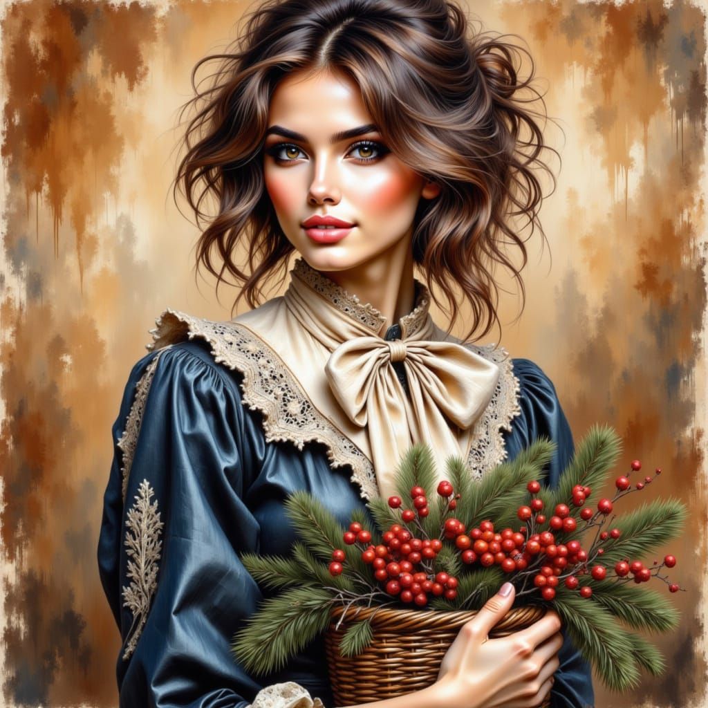 Young Woman with Basket, Watercolor and Acrylic