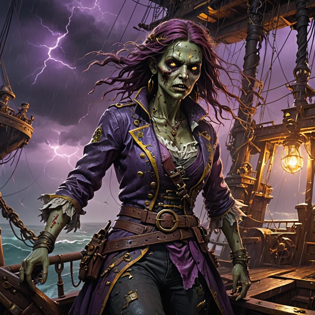 Zombie Pirate Ship in Lightning Storm, Dark Fantasy Art