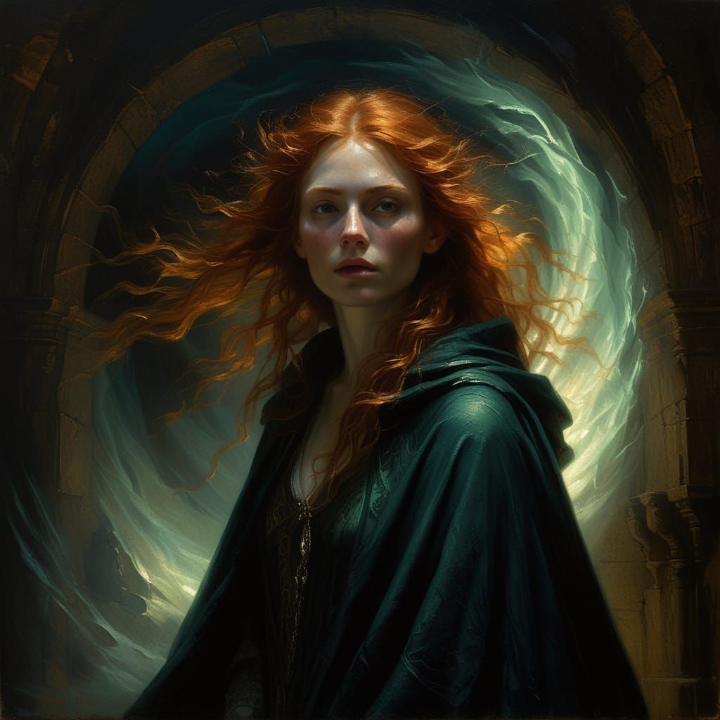 Baroque Elf Woman at Ethereal Vortex, Rembrandt Style