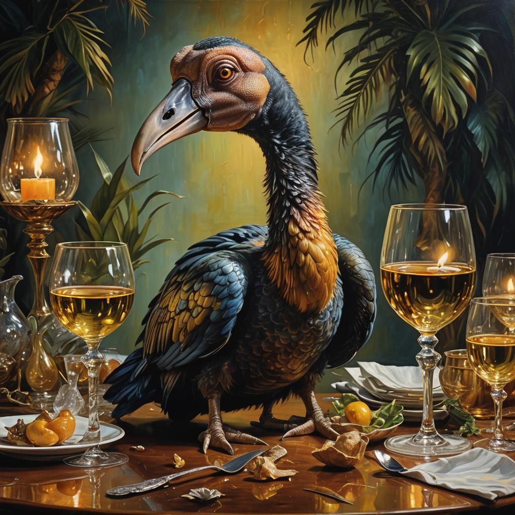Dodo Sipping Wine in Surrealist Oil Painting