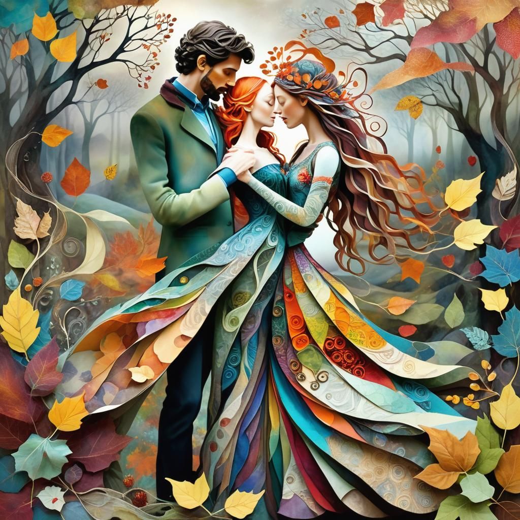 Ethereal Paper Collage of Entwined Figures