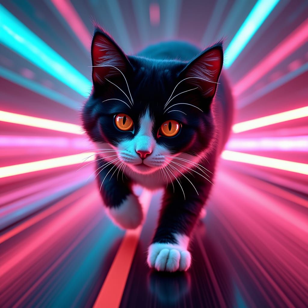 Neon Cat Car Speeds to Horizon in Vaporwave Style