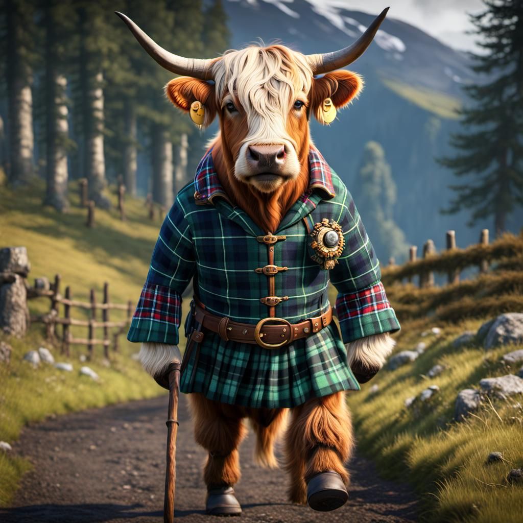 Highland Cow in Plaid Outfit: Fantasy Concept Art