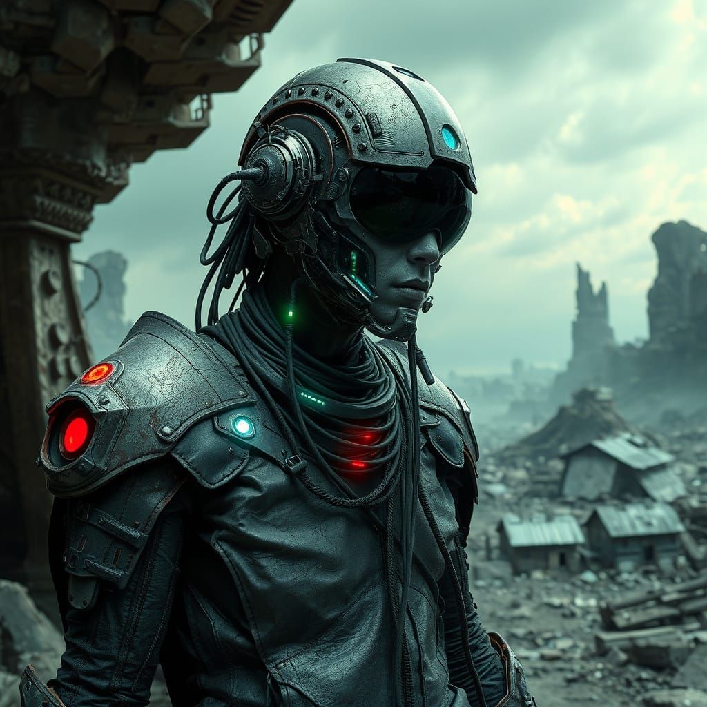 Cyborg in a Gritty, Industrial Post-Apocalypse Landscape