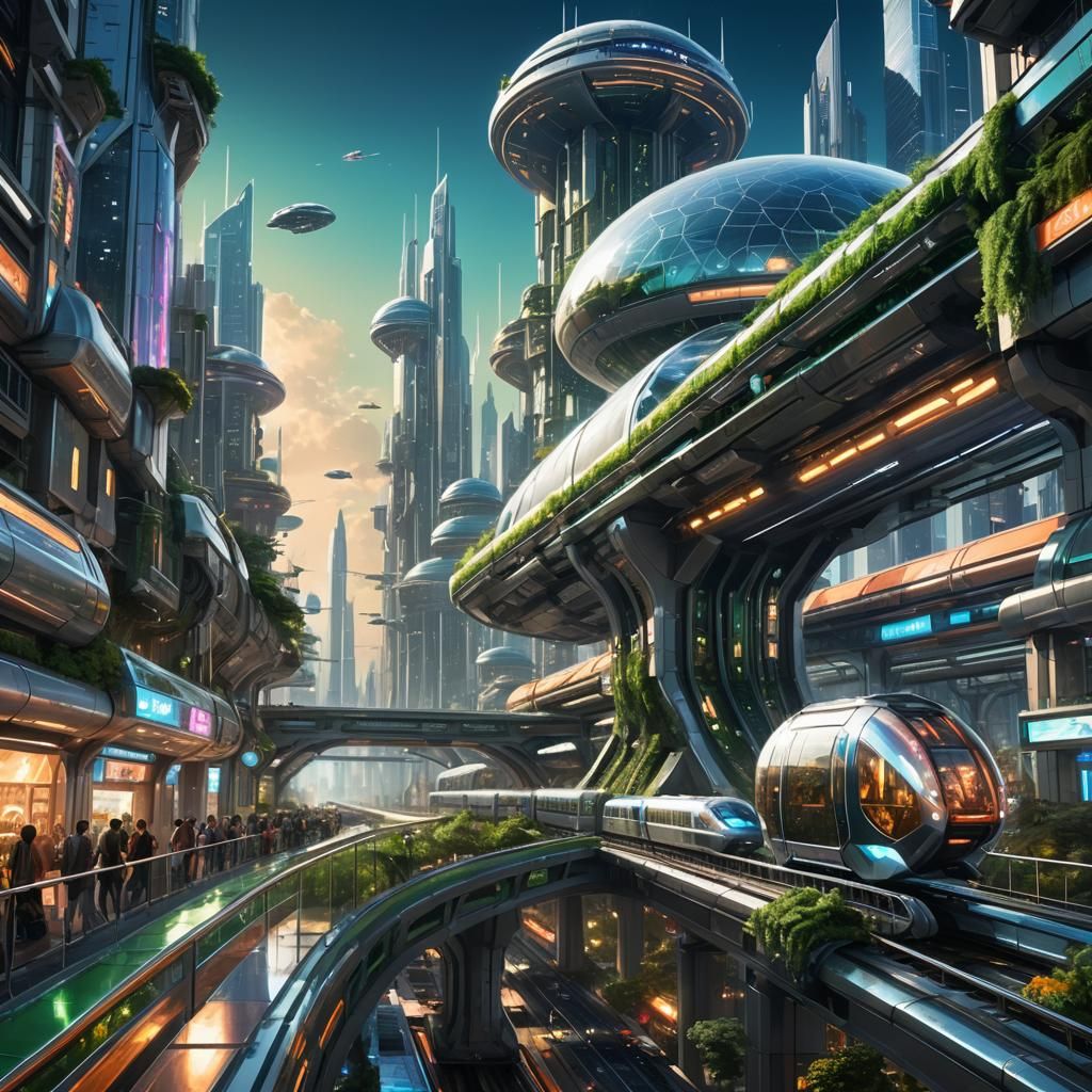 Futuristic Space City with Neon Lights, Digital Art