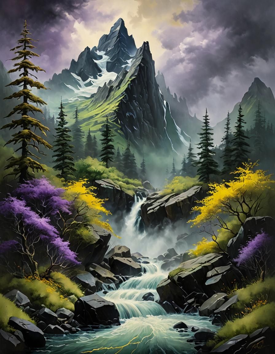 Vibrant Mountain Waterfall Oil Painting with Moody Sky