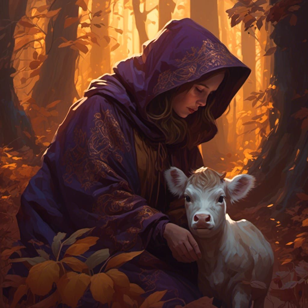 Woman Pets Cow in Autumnal Fantasy Landscape