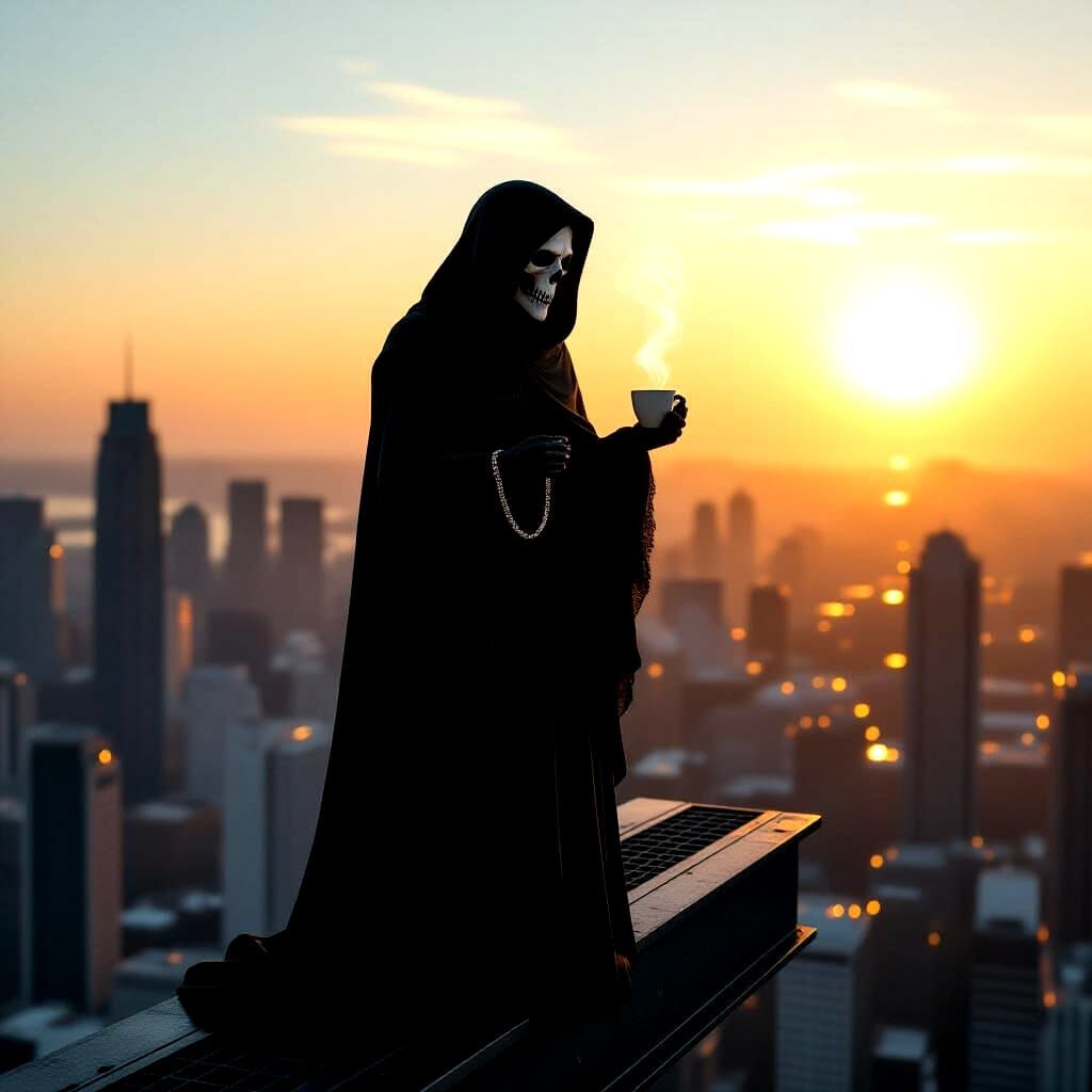 Grim Reaper Awaits Sunrise Over City, Holding Bangle