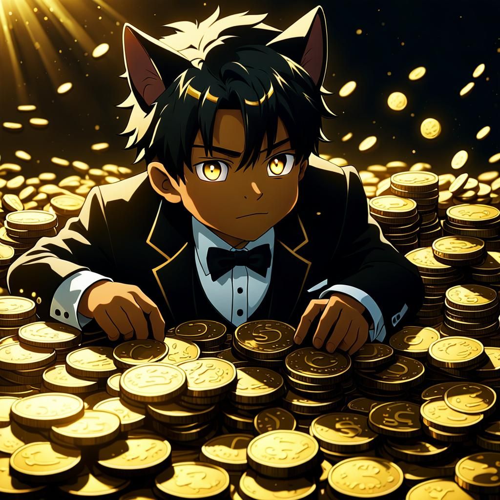 Anime Boy with Cat Ears on Gold Coins