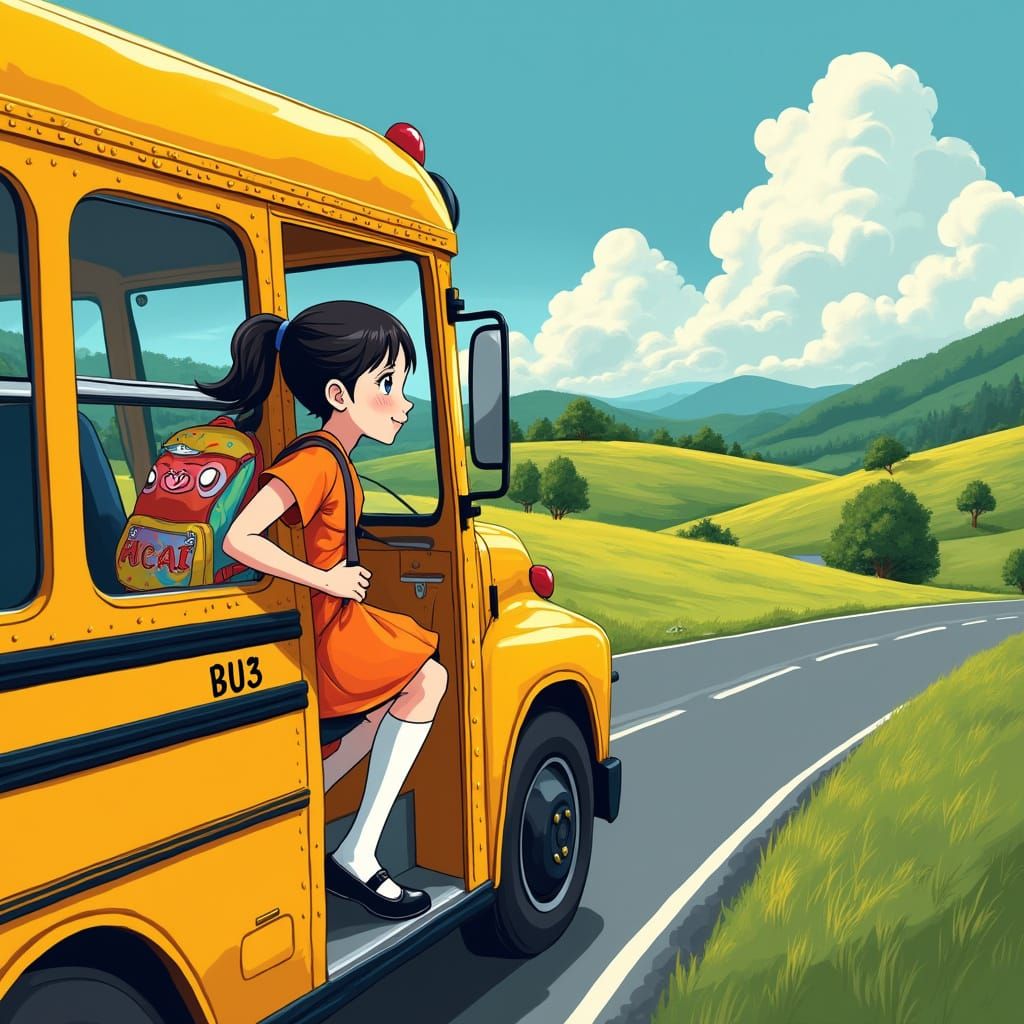 Joyful Schoolgirl Surveys Pop Art Countryside Scene