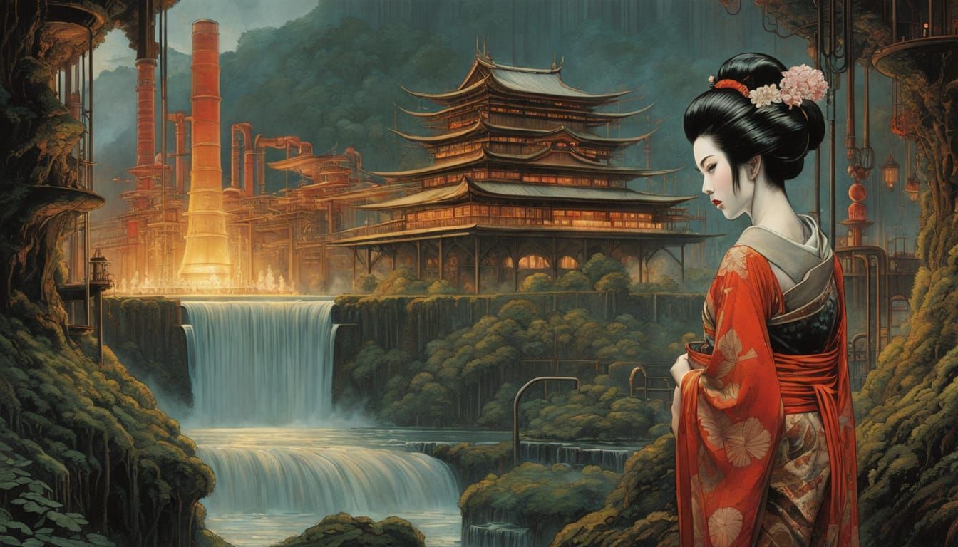 Geisha in an Enchanted Forest Oasis