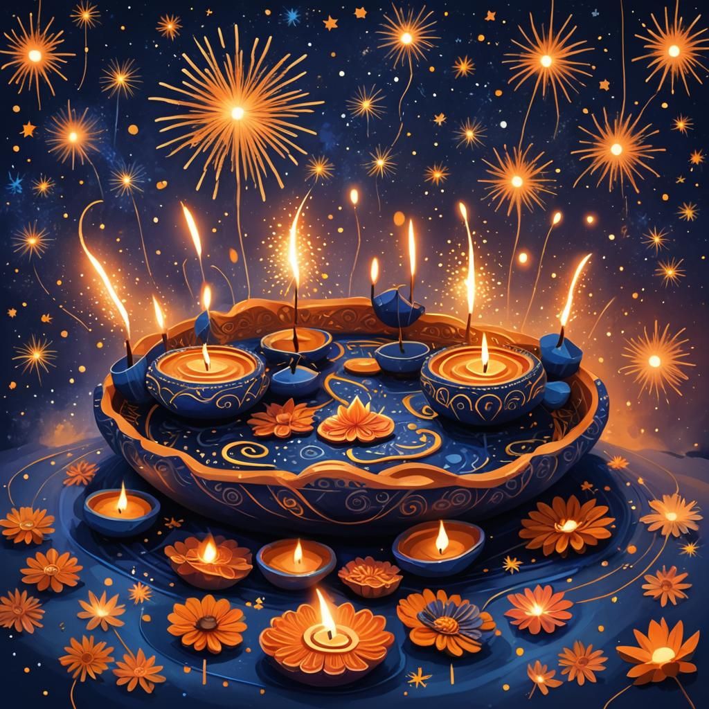 Diwali Evening Scene with Fireworks in Digital Painting