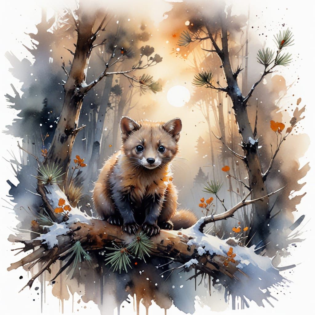 Pine Marten in Winter Forest: Watercolour Art