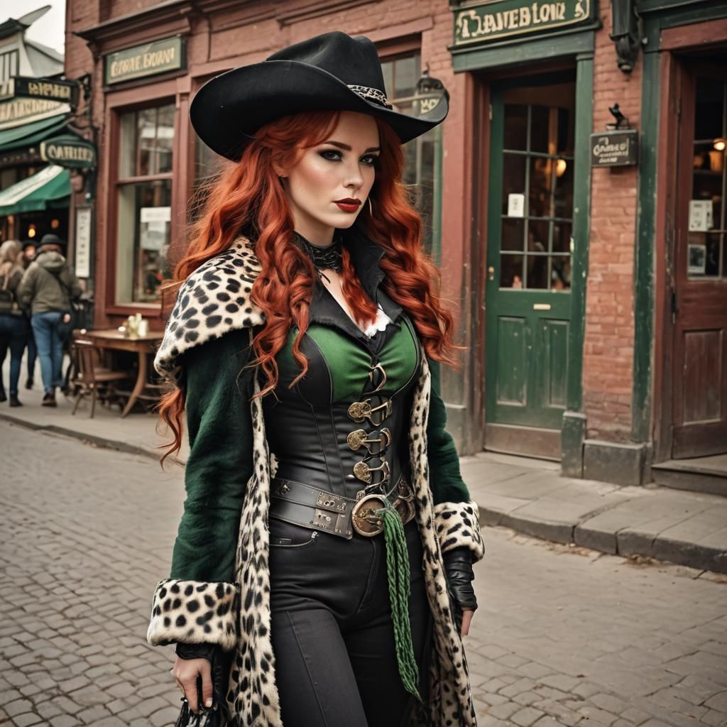 Young Cowgirl Leaving Saloon in Furry Coat