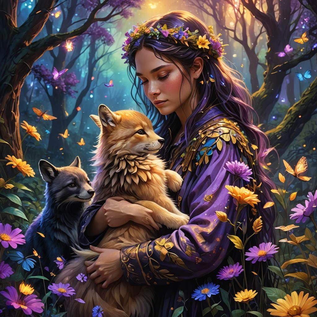 Enchanting Forest Scene with Person and Animals