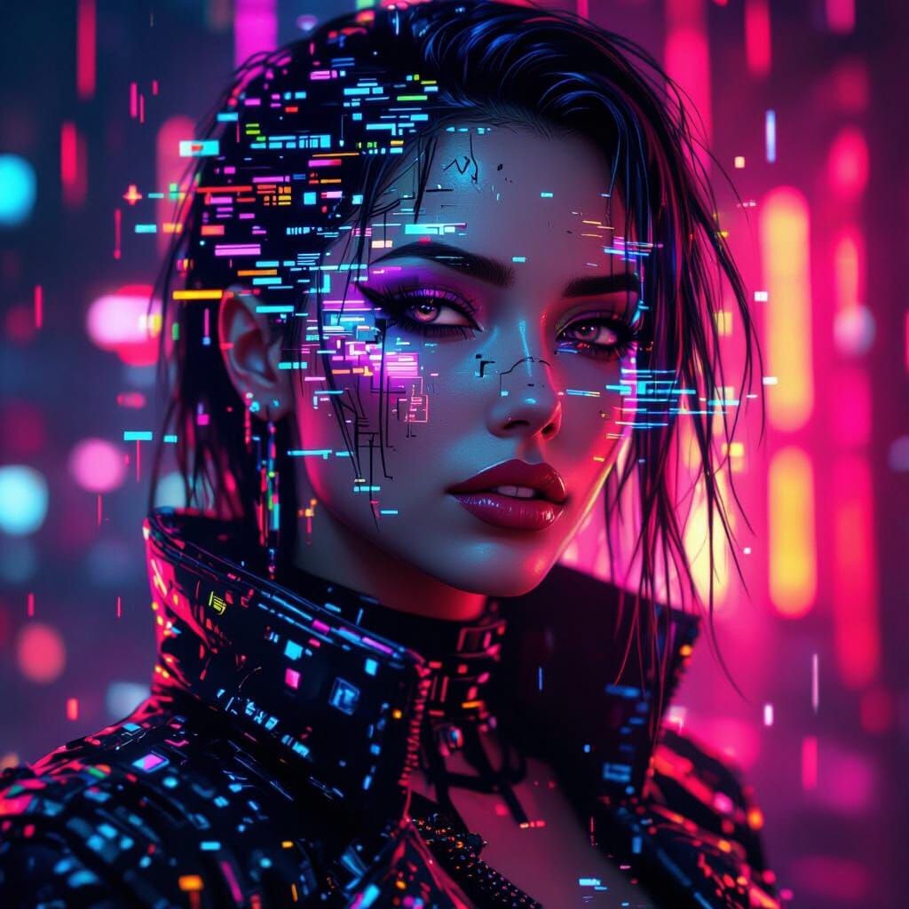 Cyberpunk Woman's Face in Glitchcore Pixelation