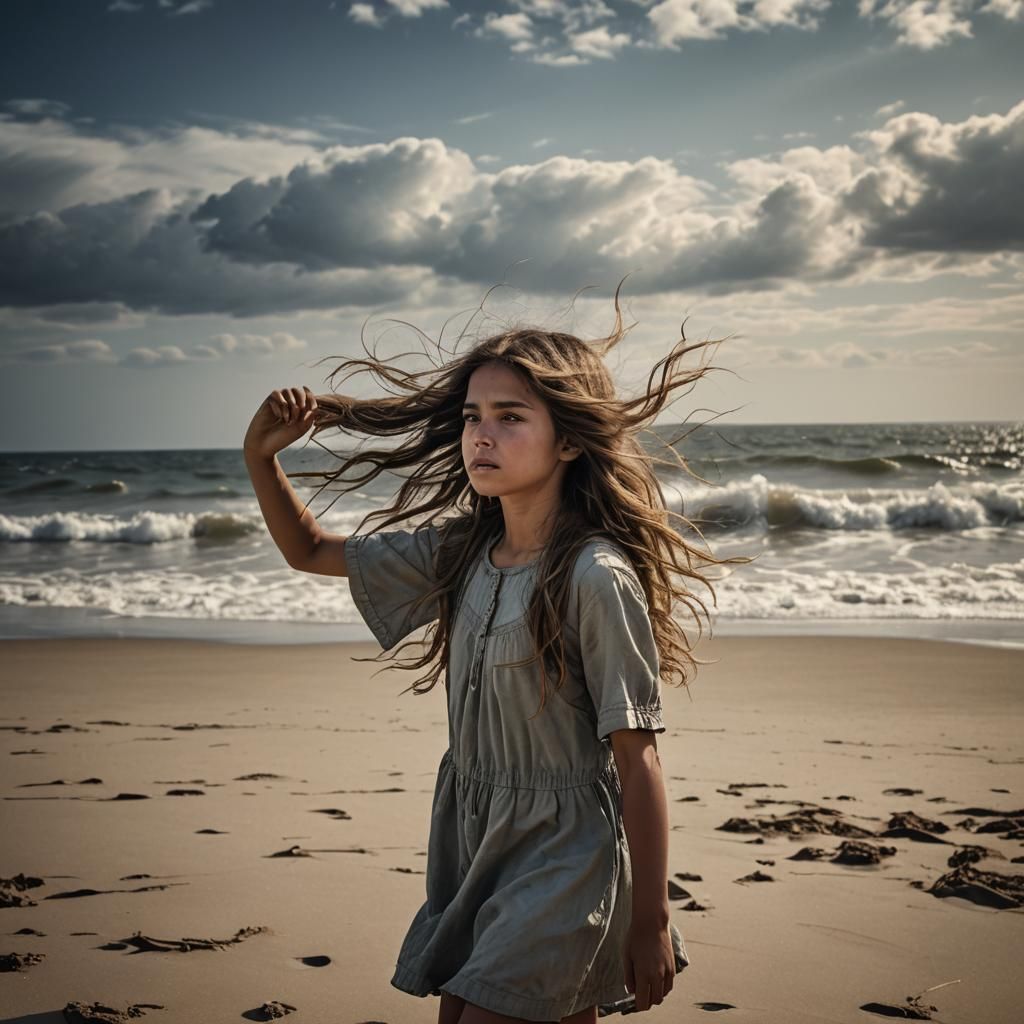 Girl on Sandy Shore with Windblown Hair