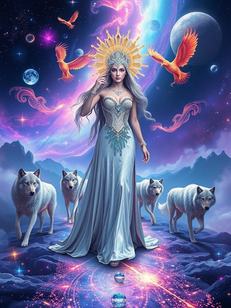 Cosmic Goddess Walking Starlit Pathway in Vibrant, Swirling ...