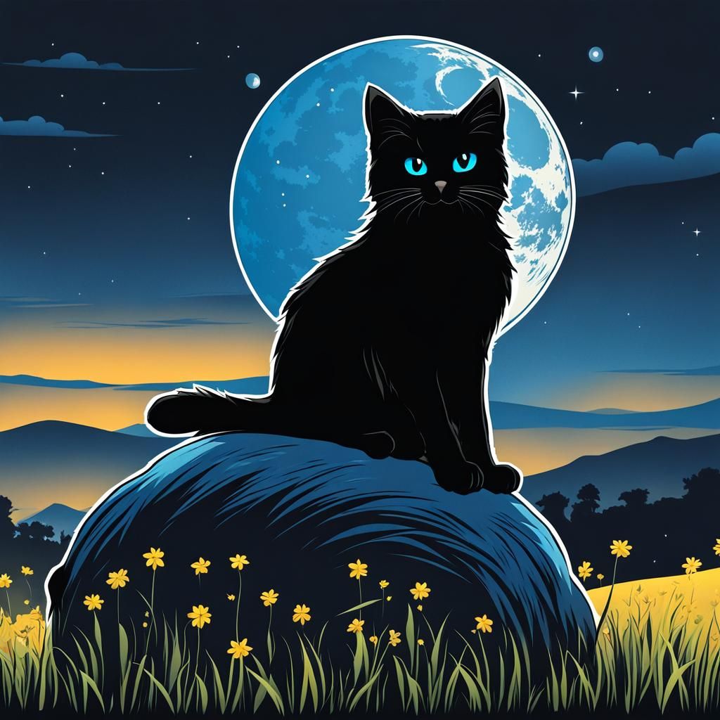 Whimsical Black Cat Contemplates a Shining Moon
