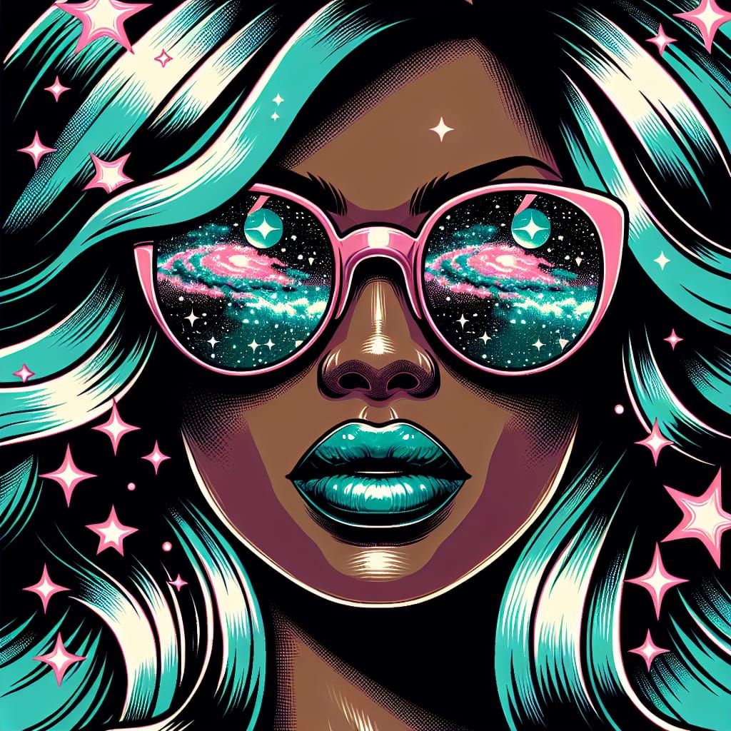 90s anime illustration of a black woman pin up, long teal hair , wearing kaleidoscopic sunglasses which reflect a vast s...