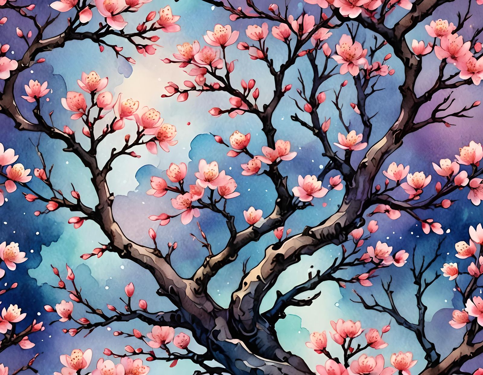 Fantasy Shield of Peach Blossom Trees in Watercolor