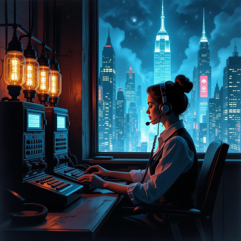 Retro Telephone Operator in Cosmic Cityscape, Charcoal Drawi...