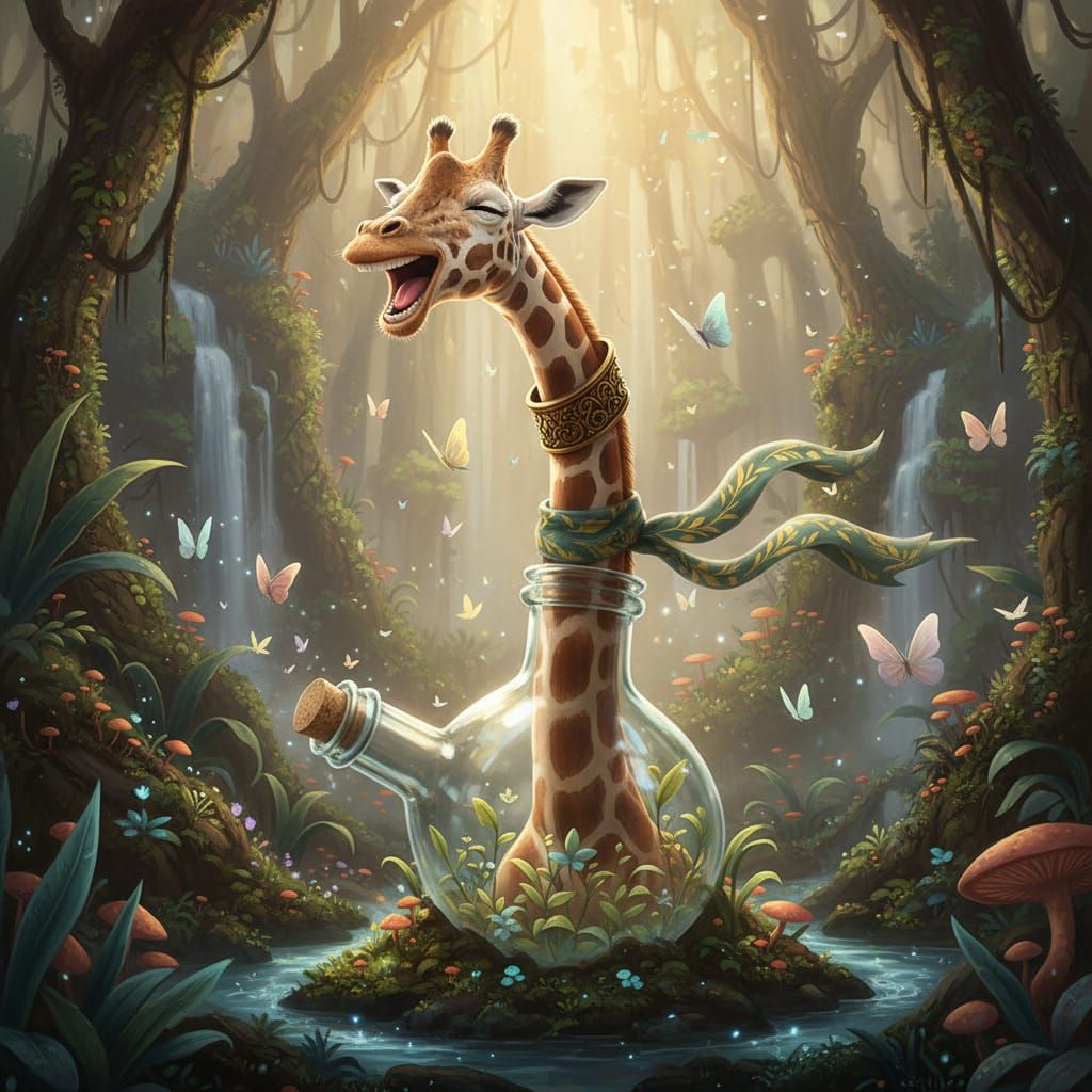 Giraffe Peeking from Glass Bottle in Softly Lit Rainforest