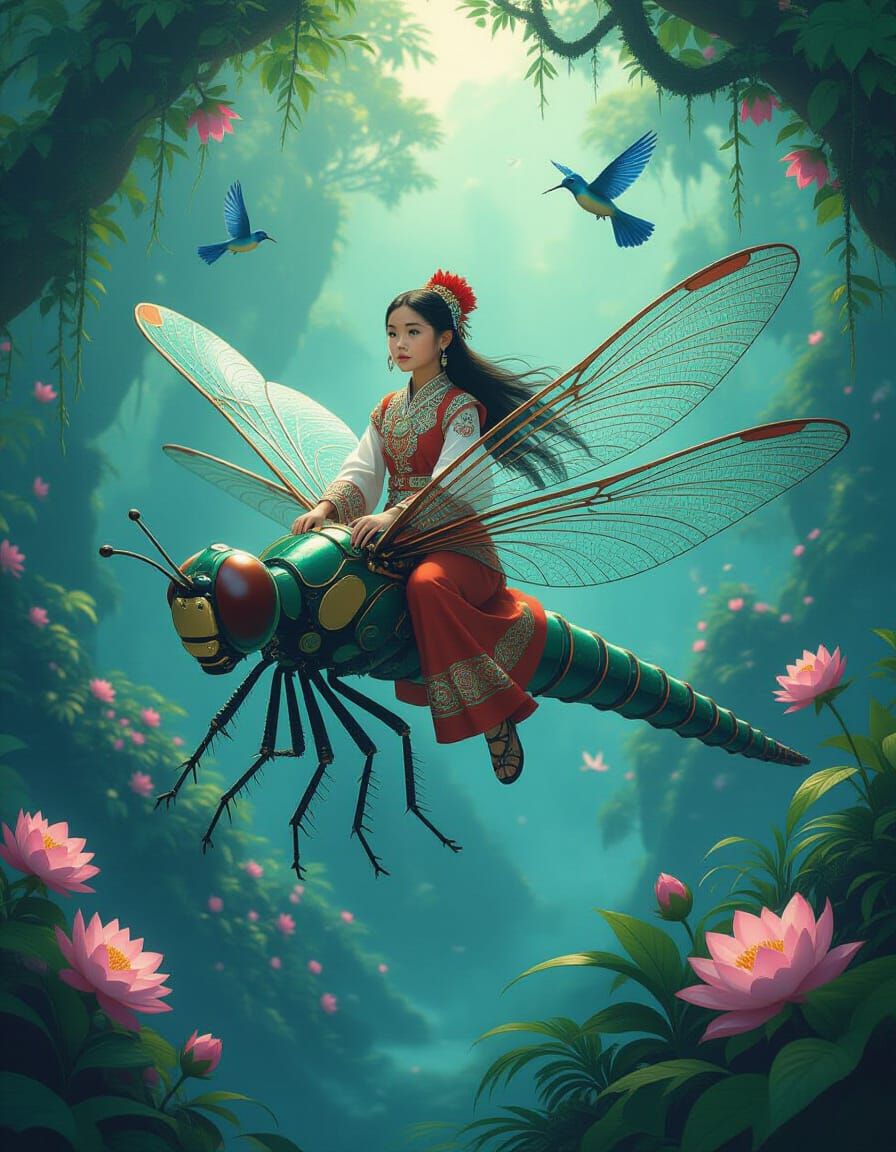 Hmong Girl Rides Steampunk Dragonfly in Alien Forest