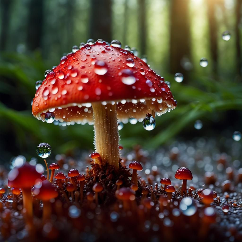 Dew Drops on Red Mushroom, Macro Photography