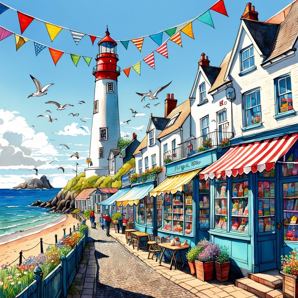 Charming Seaside Town Illustration with Lighthouse