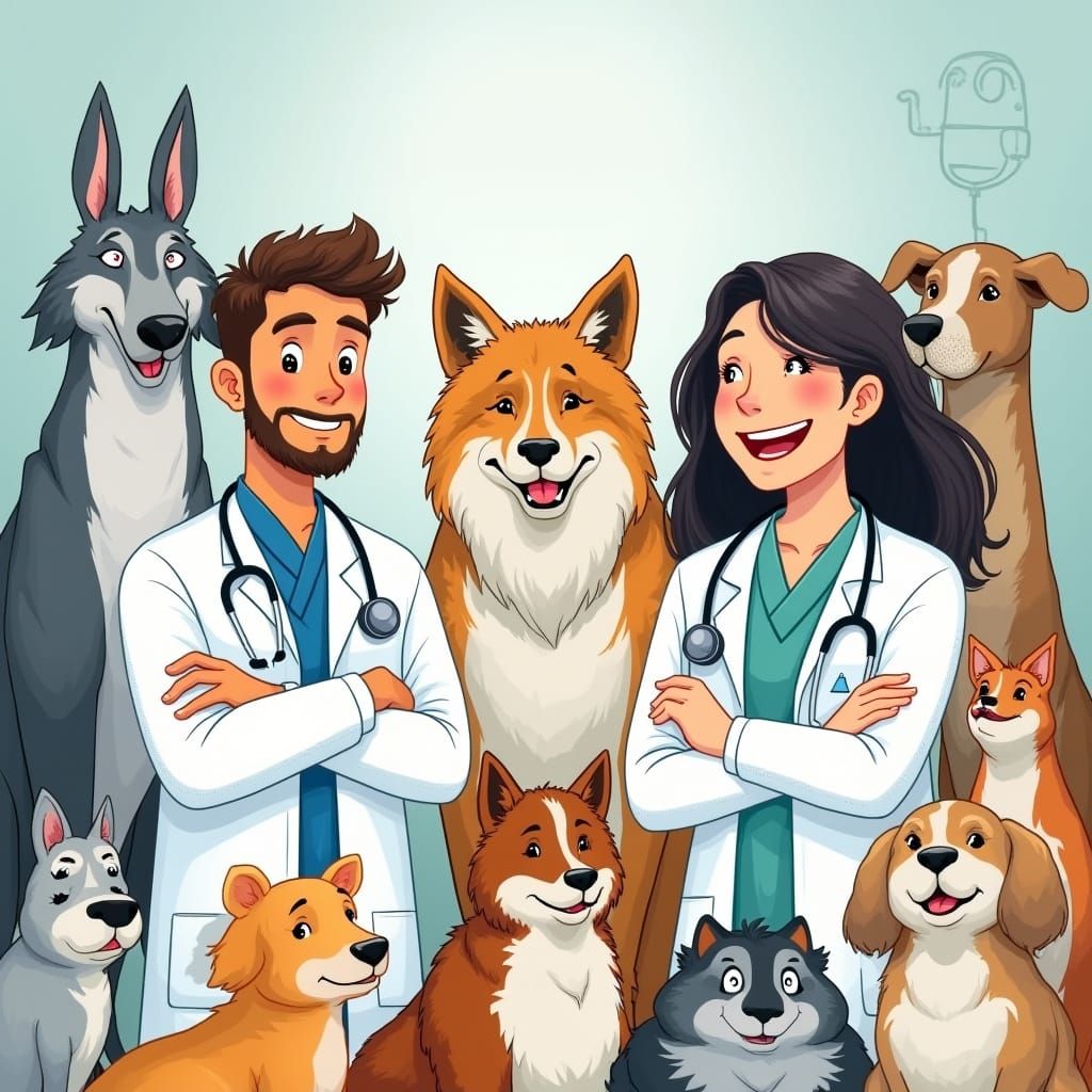 Veterinarians Surrounded by Animals: Hand-Drawn Illustration