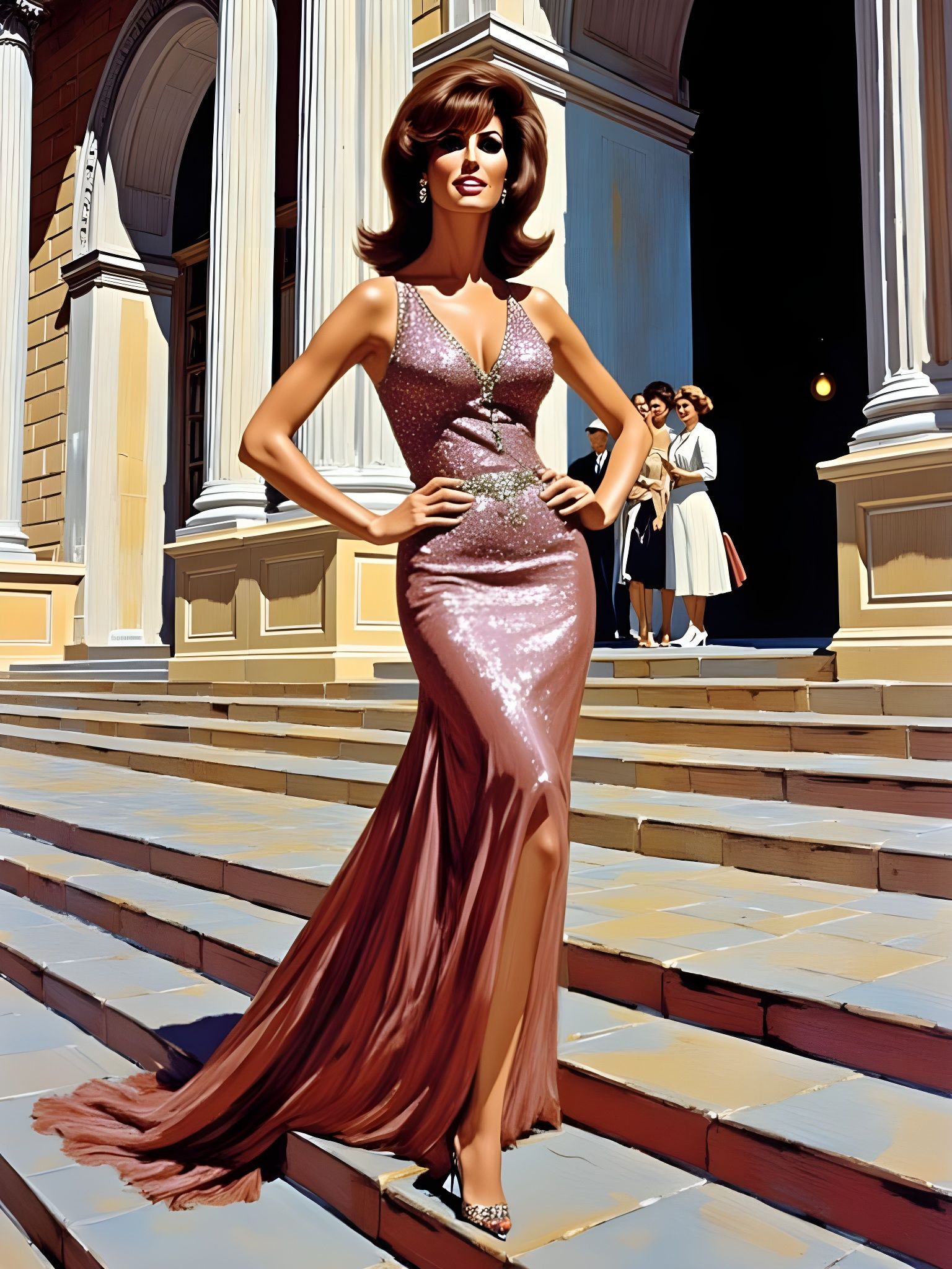Statuesque Woman at Opera House in Retro Illustration