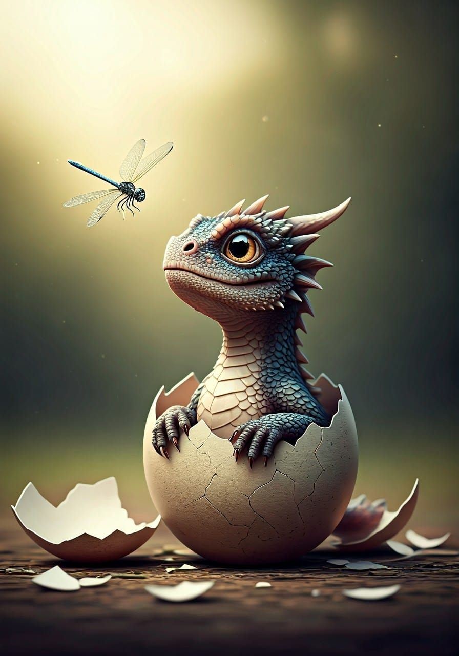 Baby Dragon Gaze at Dragonfly in Ancient Eggshell