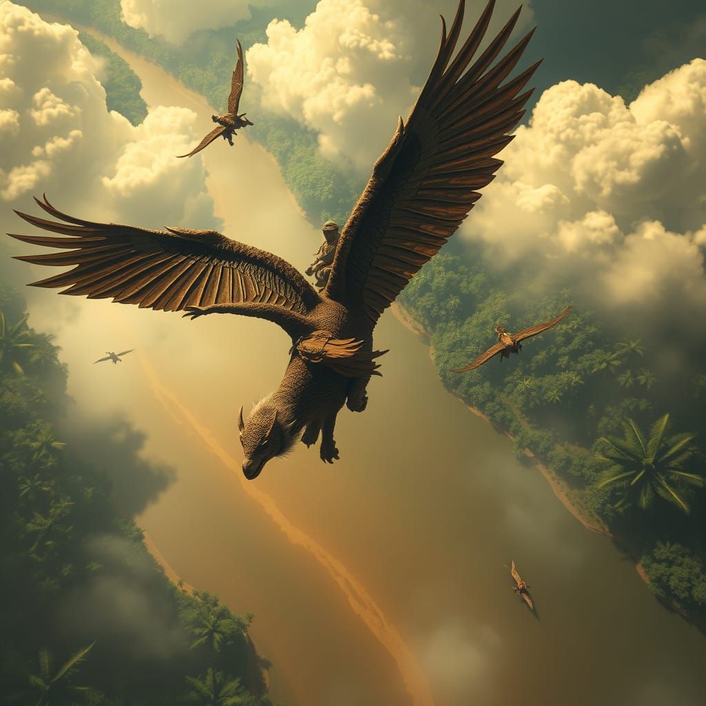 Mayan Air Patrol Over Amazon in Fantasy World