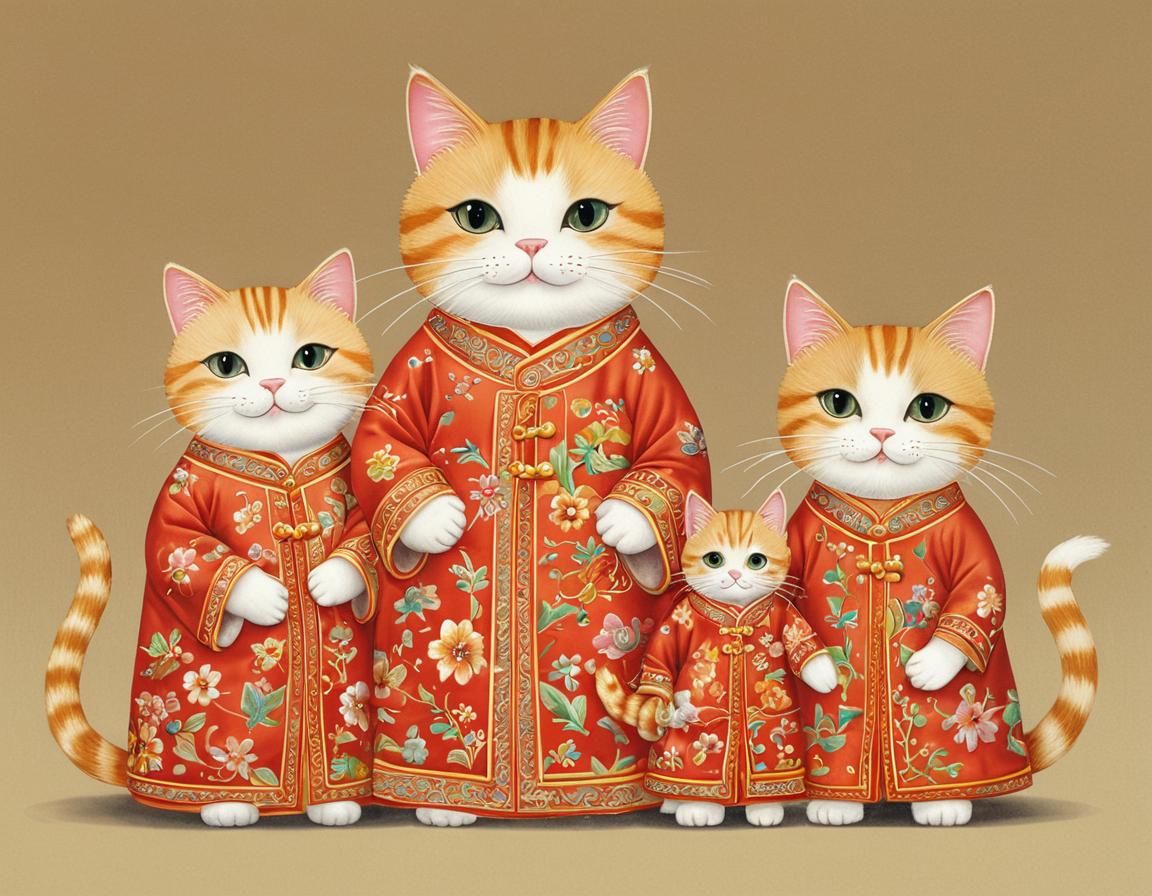 A cat family in Chinese dresses