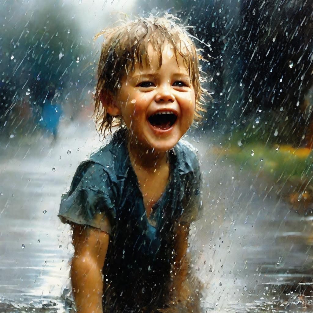 Happy Child Plays in Rain: Photorealistic Fine Art