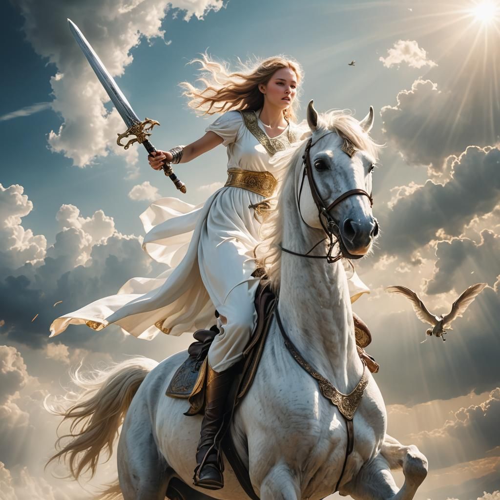 Woman on White Horse Fighting Dragon in Sunlight