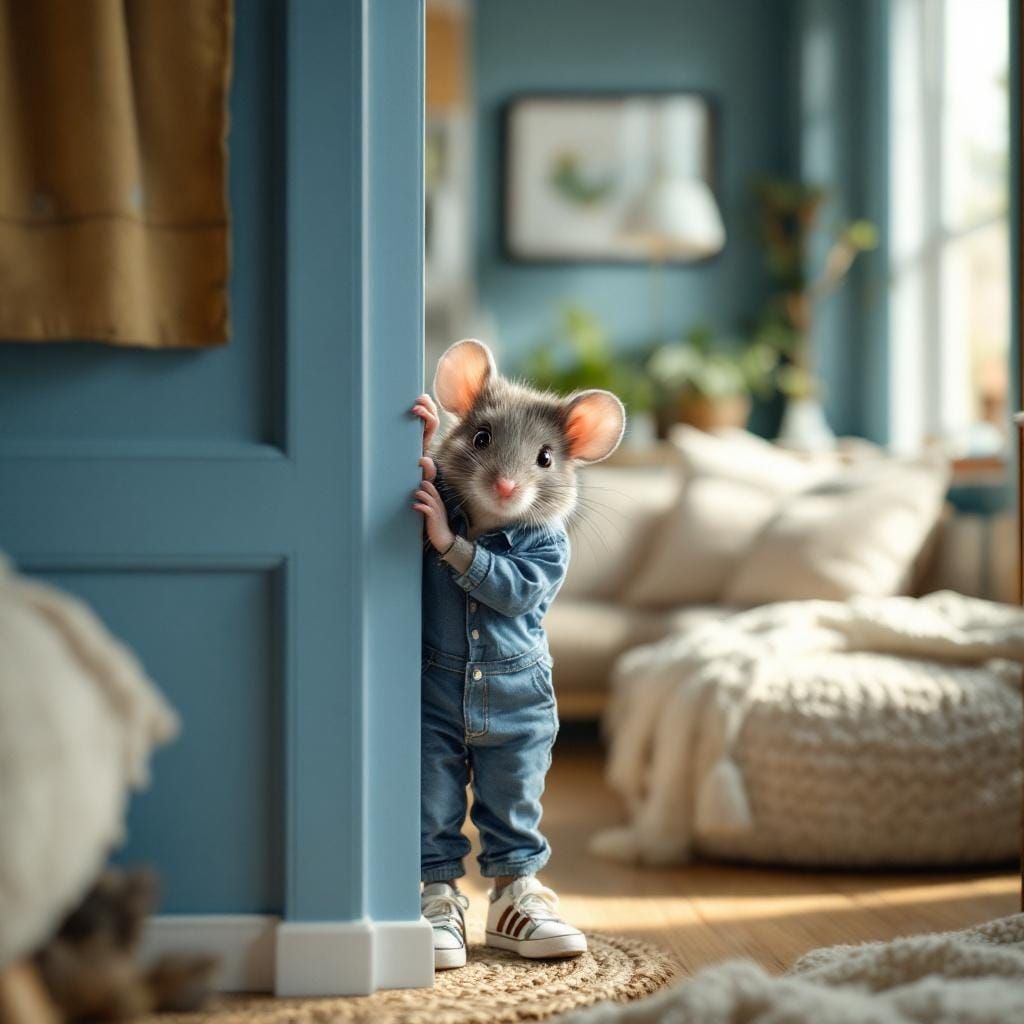 Adorable Mouse in Denim Trousers Peeking Around Corner