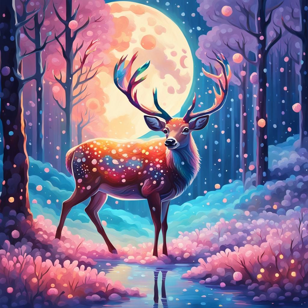 Deer Melts Into Moonlight: Candy Art Gouache Painting