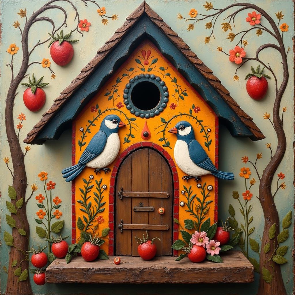 Intricate Folk Art Tole Painted Birdhouse