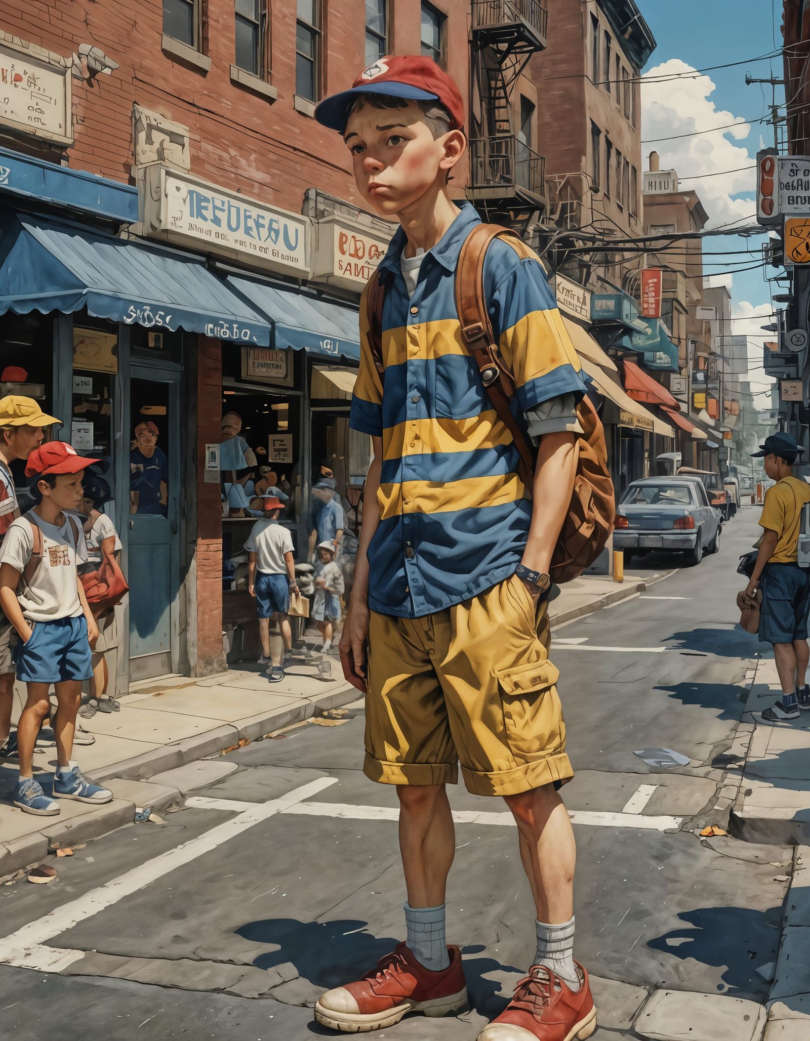 Ness from Earthbound in Rockwell-esque Hometown