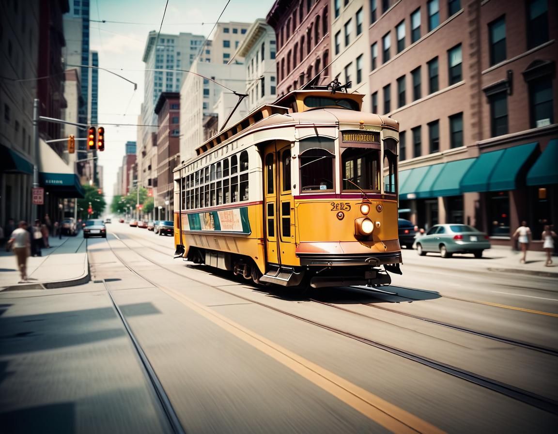 Dramatic Streetcar in City Downtown Film Still