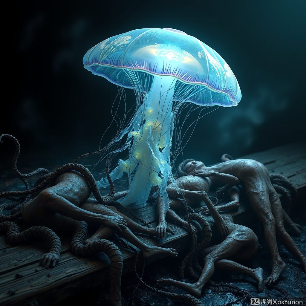 Ethereal Jellyfish on a Weathered Plank amidst a Field of Br...