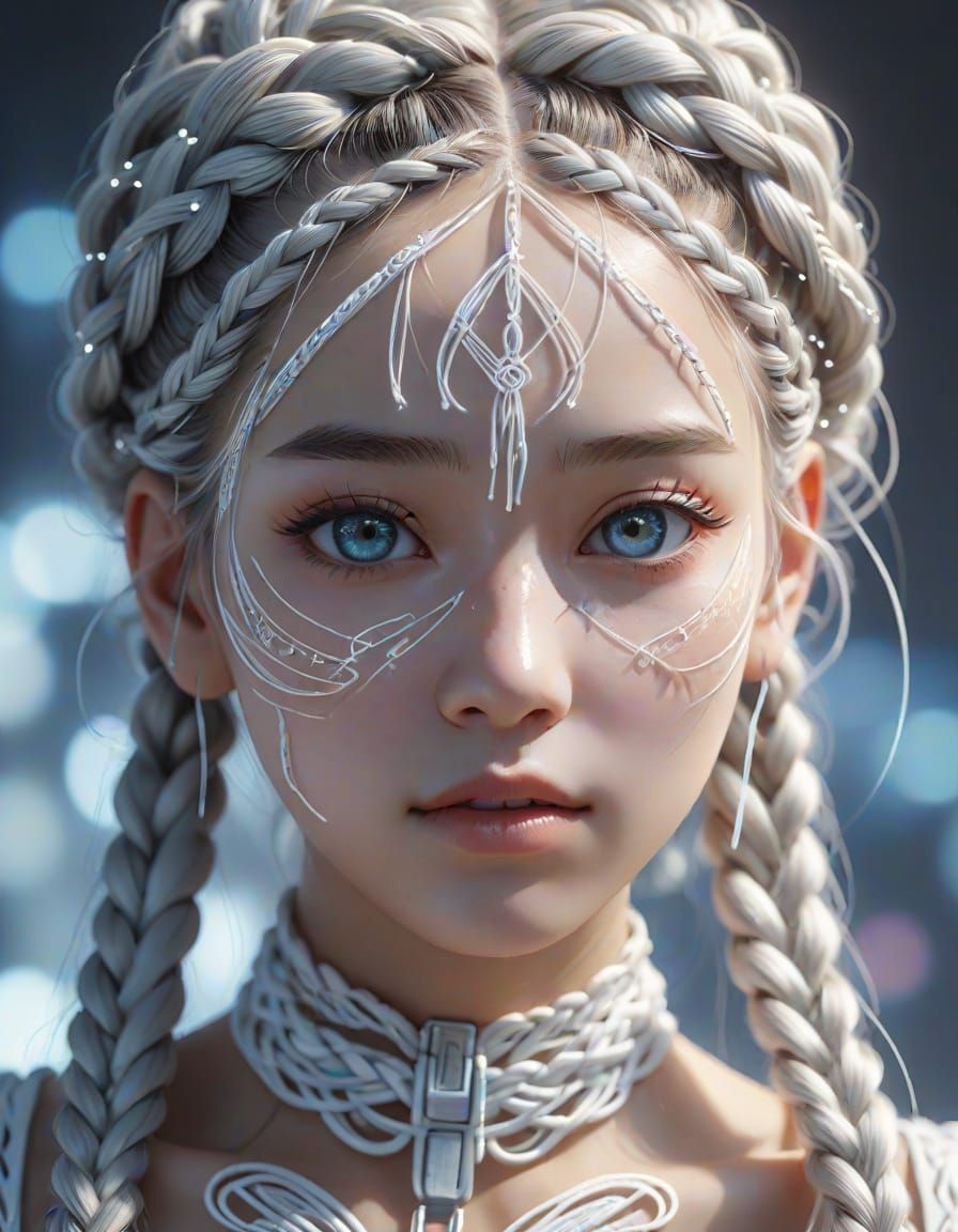 Anime Portrait with White Braids and Luminous Threads